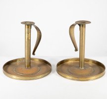 A Pair of Scottish School Arts & Crafts Brass Candlesticks W Circular Drip Trays