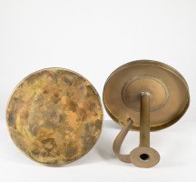 A Pair of Scottish School Arts & Crafts Brass Candlesticks W Circular Drip Trays - Thumbnail 11