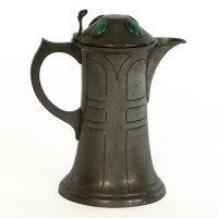 William Hutton. Arts & Crafts Pewter Jug with Four Bullseye Ruskin Jewels