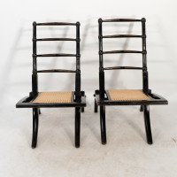 Godwin Style. Pair of Aesthetic Movement Ebonized Folding Chair W. New Cane Seat - Thumbnail 2