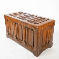 Large Gothic Revival Style Carved Oak Blanket Chest In the style of A. W. N. Pugin