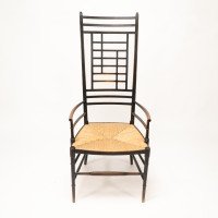 James Plucknett Attributed, probably for Collier & Plucknett. Exaggerated High Back Anglo-Japanese Ebonised Armchair - Thumbnail 2