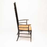 James Plucknett Attributed, probably for Collier & Plucknett. Exaggerated High Back Anglo-Japanese Ebonised Armchair - Thumbnail 5