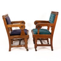 Bruce Talbert for Gillows. Two Rare Gothic Revival Oak Armchair in Blue Upholstery - Thumbnail 2