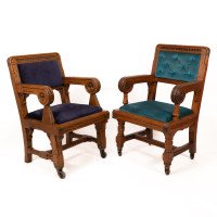 Bruce Talbert for Gillow & Co., Gothic Revival Armchairs in Blue Upholstery