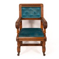 Bruce Talbert for Gillows. Two Rare Gothic Revival Oak Armchair in Blue Upholstery - Thumbnail 4