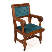 Bruce Talbert for Gillows. Two Rare Gothic Revival Oak Armchair in Blue Upholstery - Thumbnail 3
