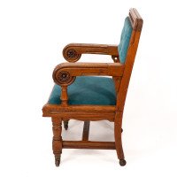 Bruce Talbert for Gillows. Two Rare Gothic Revival Oak Armchair in Blue Upholstery - Thumbnail 7