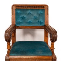 Bruce Talbert for Gillows. Two Rare Gothic Revival Oak Armchair in Blue Upholstery - Thumbnail 8
