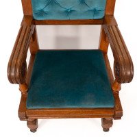 Bruce Talbert for Gillows. Two Rare Gothic Revival Oak Armchair in Blue Upholstery - Thumbnail 9