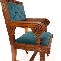 Bruce Talbert for Gillows. Two Rare Gothic Revival Oak Armchair in Blue Upholstery - Thumbnail 10