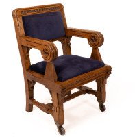 Bruce Talbert for Gillows. Two Rare Gothic Revival Oak Armchair in Blue Upholstery - Thumbnail 11