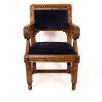 Bruce Talbert for Gillows. Two Rare Gothic Revival Oak Armchair in Blue Upholstery - Thumbnail 12