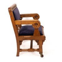 Bruce Talbert for Gillows. Two Rare Gothic Revival Oak Armchair in Blue Upholstery - Thumbnail 14