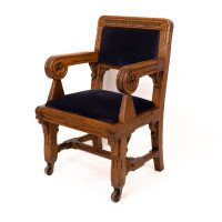 Bruce Talbert for Gillows. Two Rare Gothic Revival Oak Armchair in Blue Upholstery - Thumbnail 13