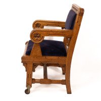 Bruce Talbert for Gillows. Two Rare Gothic Revival Oak Armchair in Blue Upholstery - Thumbnail 15