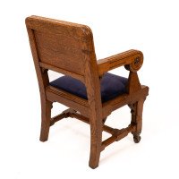 Bruce Talbert for Gillows. Two Rare Gothic Revival Oak Armchair in Blue Upholstery - Thumbnail 16
