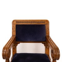 Bruce Talbert for Gillows. Two Rare Gothic Revival Oak Armchair in Blue Upholstery - Thumbnail 17