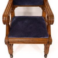Bruce Talbert for Gillows. Two Rare Gothic Revival Oak Armchair in Blue Upholstery - Thumbnail 18