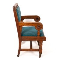 Bruce Talbert for Gillows. Two Rare Gothic Revival Oak Armchair in Blue Upholstery - Thumbnail 6