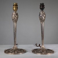 Pair of Arts & Crafts Silver-Plated Table Lamps with Stylised Floral Relief - Thumbnail 2