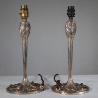 Pair of Arts & Crafts Silver-Plated Table Lamps with Stylised Floral Relief - Thumbnail 3