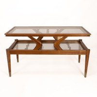 Italian Teak Two-Tier Coffee Table with Wavy Glass Supports c.1960 - Thumbnail 2