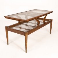 Italian Teak Two-Tier Coffee Table with Wavy Glass Supports c.1960 - Thumbnail 3