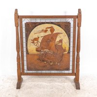 Albert Harrison Thirsk Attributed, a Carved & Adzed Oak Fire Screen with Leather Panel - Thumbnail 2