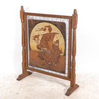 Albert Harrison Thirsk Attributed, a Carved & Adzed Oak Fire Screen with Leather Panel - Thumbnail 3