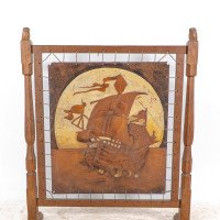 Albert Harrison Thirsk Attributed, a Carved & Adzed Oak Fire Screen with Leather Panel - Thumbnail 6