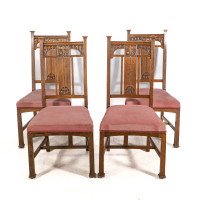 Robson & Sons. Set of 4 Arts & Crafts Oak Dining Chairs with Carved Floral Backs - Thumbnail 2
