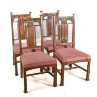 Robson & Sons. Set of 4 Arts & Crafts Oak Dining Chairs with Carved Floral Backs - Thumbnail 3