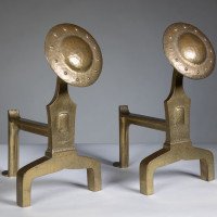 An Arts & Crafts Set of Brass Fire Dogs & Matching Utensils - Thumbnail 2