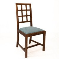 Heal's. Set of 4 Arts & Crafts Oak Lattice Back Dining Chairs & Blue Damask Seats - Thumbnail 2