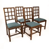 Heal's. Set of 4 Arts & Crafts Oak Lattice Back Dining Chairs & Blue Damask Seats