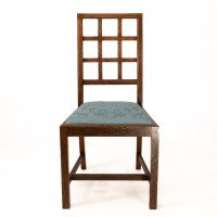 Heal's. Set of 4 Arts & Crafts Oak Lattice Back Dining Chairs & Blue Damask Seats - Thumbnail 3