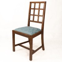 Heal's. Set of 4 Arts & Crafts Oak Lattice Back Dining Chairs & Blue Damask Seats - Thumbnail 4