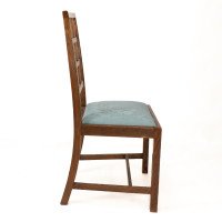 Heal's. Set of 4 Arts & Crafts Oak Lattice Back Dining Chairs & Blue Damask Seats - Thumbnail 5
