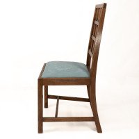 Heal's. Four Arts & Crafts Oak Lattice Back Dining Chairs with Blue Damask Seats - Thumbnail 6