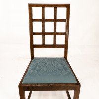 Heal's. Four Arts & Crafts Oak Lattice Back Dining Chairs with Blue Damask Seats - Thumbnail 8