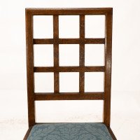 Heal's. Set of 4 Arts & Crafts Oak Lattice Back Dining Chairs & Blue Damask Seats - Thumbnail 9