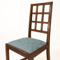 Heal's. Four Arts & Crafts Oak Lattice Back Dining Chairs with Blue Damask Seats - Thumbnail 7