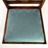 Heal's. Four Arts & Crafts Oak Lattice Back Dining Chairs with Blue Damask Seats - Thumbnail 10