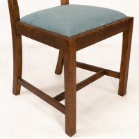 Heal's. Set of 4 Arts & Crafts Oak Lattice Back Dining Chairs & Blue Damask Seats - Thumbnail 13