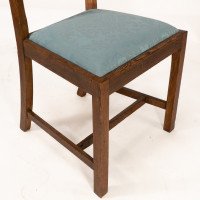 Heal's. Set of 4 Arts & Crafts Oak Lattice Back Dining Chairs & Blue Damask Seats - Thumbnail 12