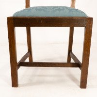 Heal's. Four Arts & Crafts Oak Lattice Back Dining Chairs with Blue Damask Seats - Thumbnail 14