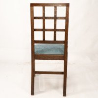 Heal's. Set of 4 Arts & Crafts Oak Lattice Back Dining Chairs & Blue Damask Seats - Thumbnail 18