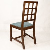 Heal's. Set of 4 Arts & Crafts Oak Lattice Back Dining Chairs & Blue Damask Seats - Thumbnail 19