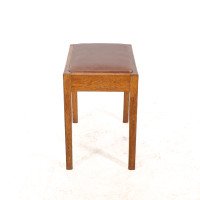 Arts & Crafts Oak Stool with Professional Reupholstered Leather Seat - Thumbnail 3